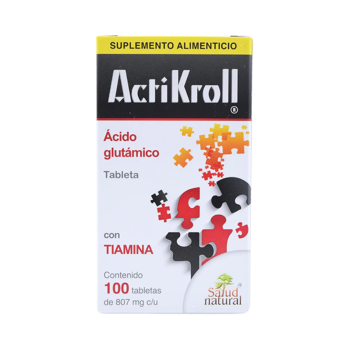 Suplemento alimenticio ActiKroll de la marca Salud Natural, presentación en caja vertical blanca con una franja negra superior y una línea amarilla. El diseño central destaca por ilustraciones de piezas de rompecabezas tridimensionales en colores negro, rojo, naranja y amarillo que se van armando. Resalta en letras rojas los ingredientes "Ácido glutámico" y "TIAMINA", ideal para complementar la nutrición diaria, apoyar el rendimiento intelectual y optimizar la concentración mental