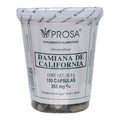 Suplemento alimenticio a base de Damiana de California (Turnera diffusa) de la marca Prosa. Presentación en frasco con 150 cápsulas de 350 mg cada una. Este producto es elaborado con ingredientes naturales y está diseñado para complementar la dieta diaria. Sugerencia de consumo: mantener en un lugar fresco y seco, y seguir las indicaciones del envase o consultar a un profesional de la salud.