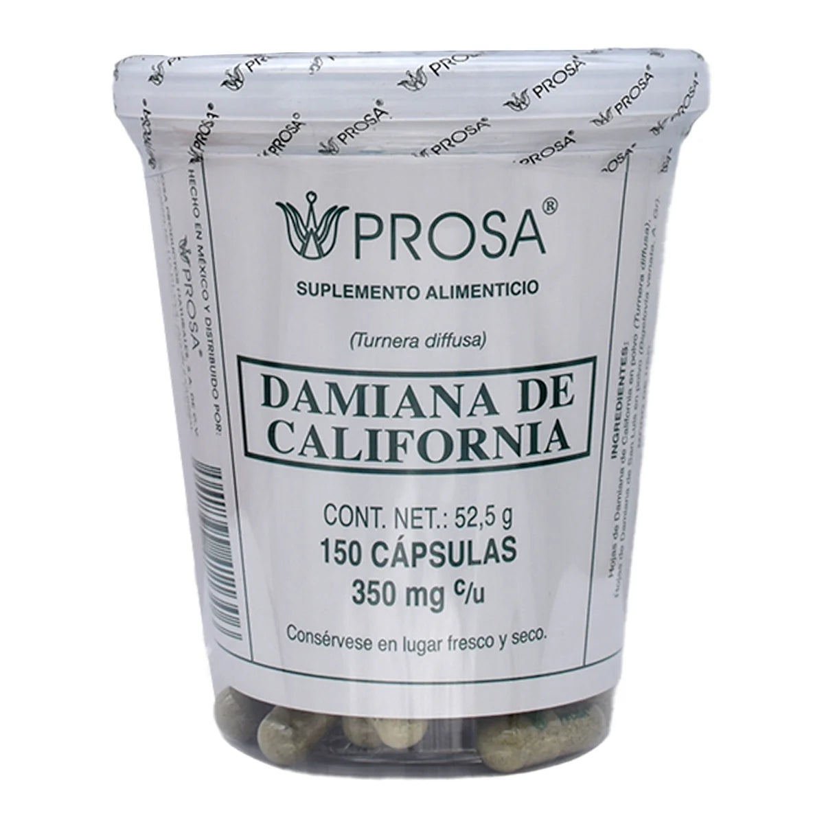 Suplemento alimenticio a base de Damiana de California (Turnera diffusa) de la marca Prosa. Presentación en frasco con 150 cápsulas de 350 mg cada una. Este producto es elaborado con ingredientes naturales y está diseñado para complementar la dieta diaria. Sugerencia de consumo: mantener en un lugar fresco y seco, y seguir las indicaciones del envase o consultar a un profesional de la salud.