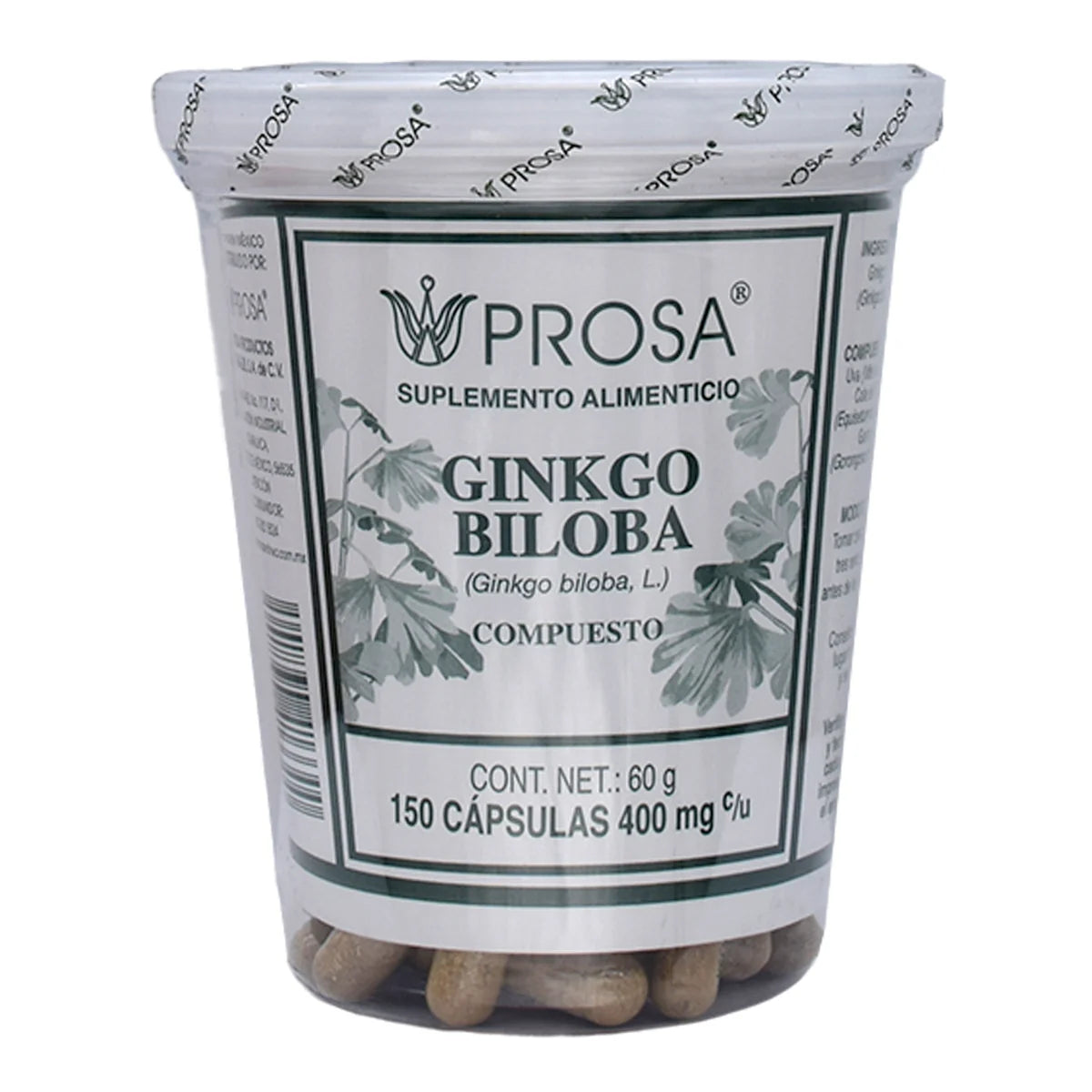 Suplemento alimenticio a base de Ginkgo Biloba (Ginkgo biloba, L.) de la marca Prosa. Presentación en frasco con 150 cápsulas de 400 mg cada una. Este producto está formulado para complementar la dieta diaria, siendo reconocido tradicionalmente por sus propiedades que favorecen la circulación sanguínea y el bienestar cognitivo, apoyando un estilo de vida saludable. Sugerencia de consumo: seguir las indicaciones del envase o consultar a un profesional de la salud.