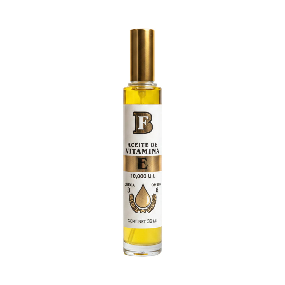 Frasco de Aceite de Vitamina E Biofactor con Omega 3 y 6 B 10,000 U.I., presentación de 32 ml.