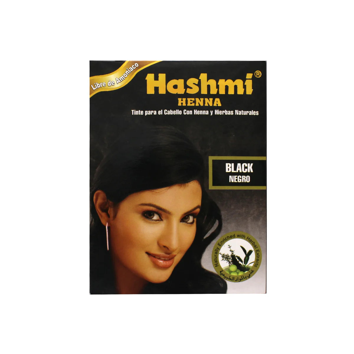 Tinte para el cabello marca Hashmi Henna, tono Black (Negro). Fórmula libre de amoníaco enriquecida con extractos de hierbas naturales. Producto diseñado para proporcionar una coloración intensa y duradera, cuidando la salud del cabello gracias a sus ingredientes botánicos.