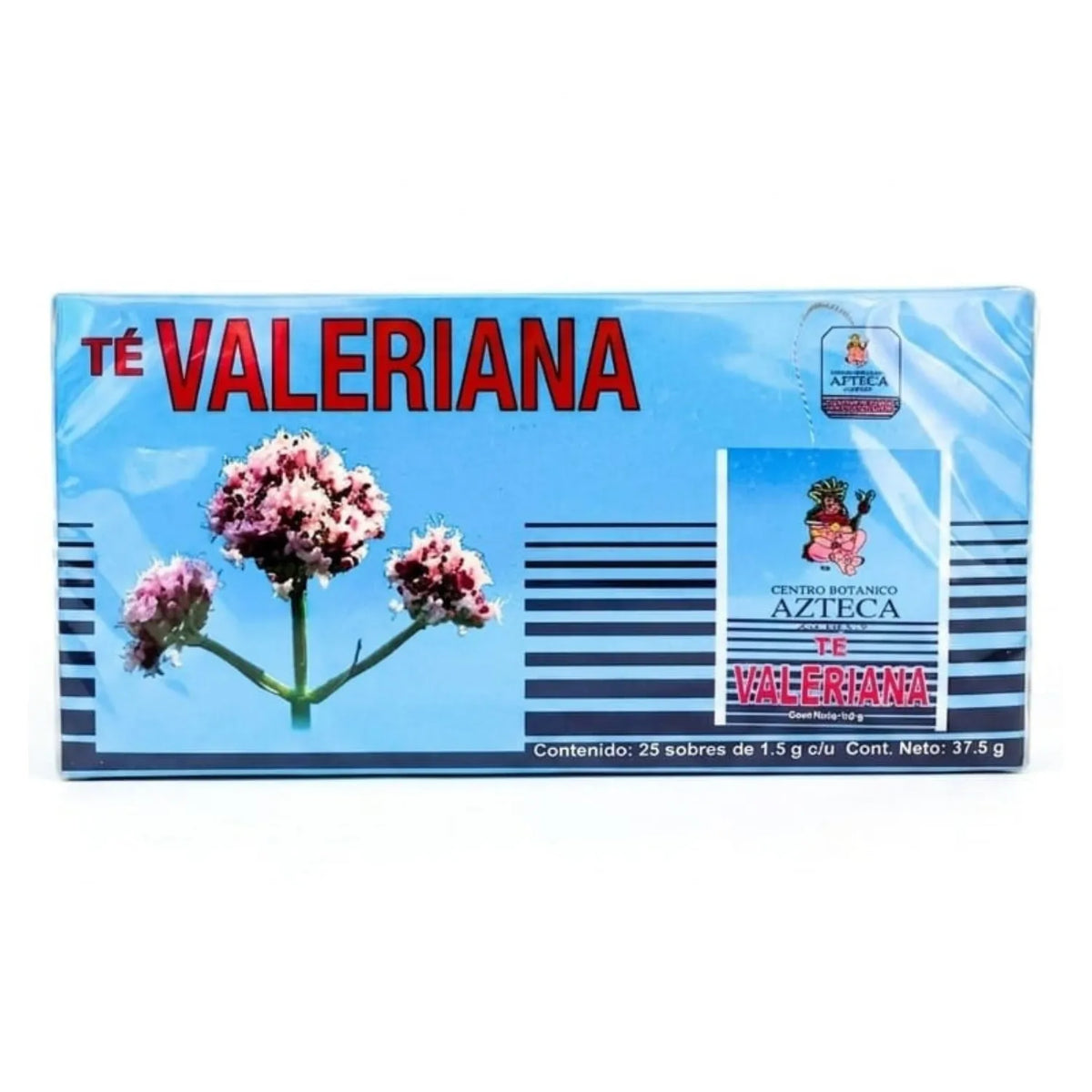 Té de Valeriana de la marca Centro Botánico Azteca. Este producto es una mezcla herbal 100% natural, formulada sin cafeína, ideal para el soporte del bienestar y la relajación. La presentación es una caja que contiene 25 sobres de 1.5 g cada uno (contenido neto total: 37.5 g).