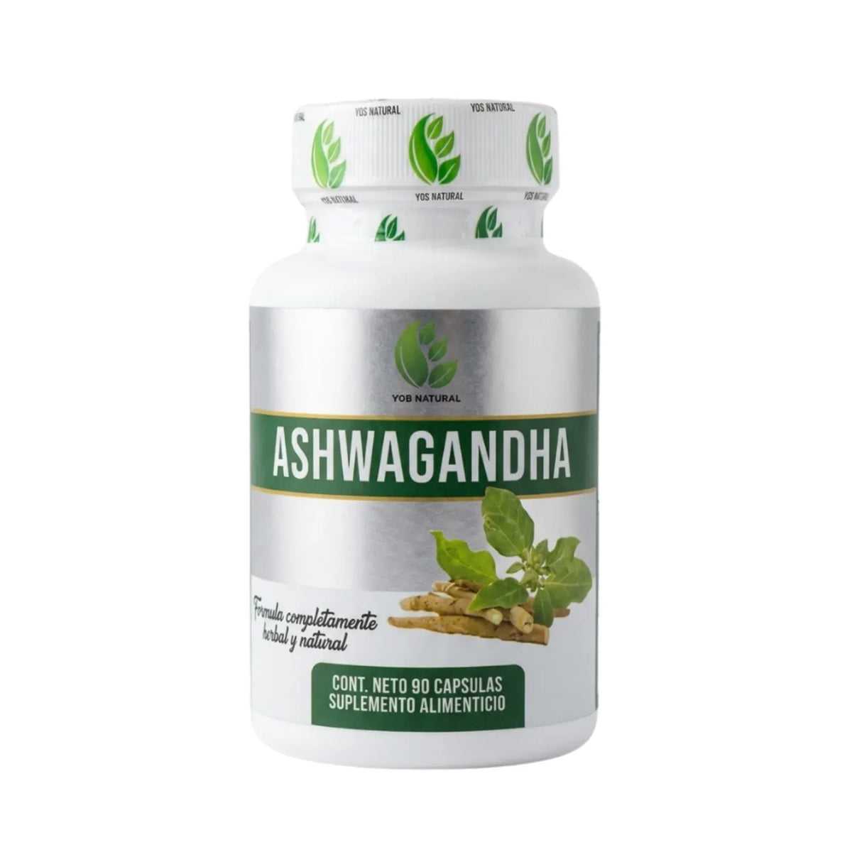 Suplemento alimenticio Ashwagandha de la marca VGS NATURAL, presentación en frasco cilíndrico de plástico blanco con una banda de seguridad blanca decorada con hojas verdes en la tapa. La etiqueta destaca por su elegante diseño metálico plateado con secciones en verde mate, mostrando el nombre "ASHWAGANDHA" en letras blancas grandes y limpias, acompañado por una ilustración detallada de la planta de loto o raíces naturales en la esquina inferior, ideal para complementar la nutrición diaria, apoyar el manejo