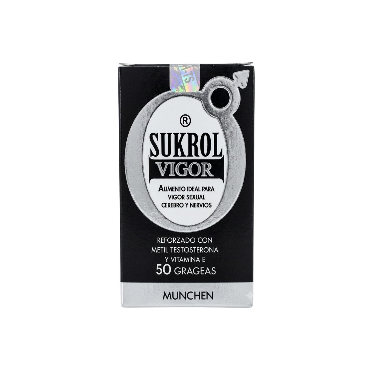 Suplemento Sukrol Vigor en caja negra con letras blancas y plateadas. Contiene 50 grageas reforzadas con metiltestosterona y vitamina E, ideal para complementar la nutrición diaria y optimizar el bienestar general.