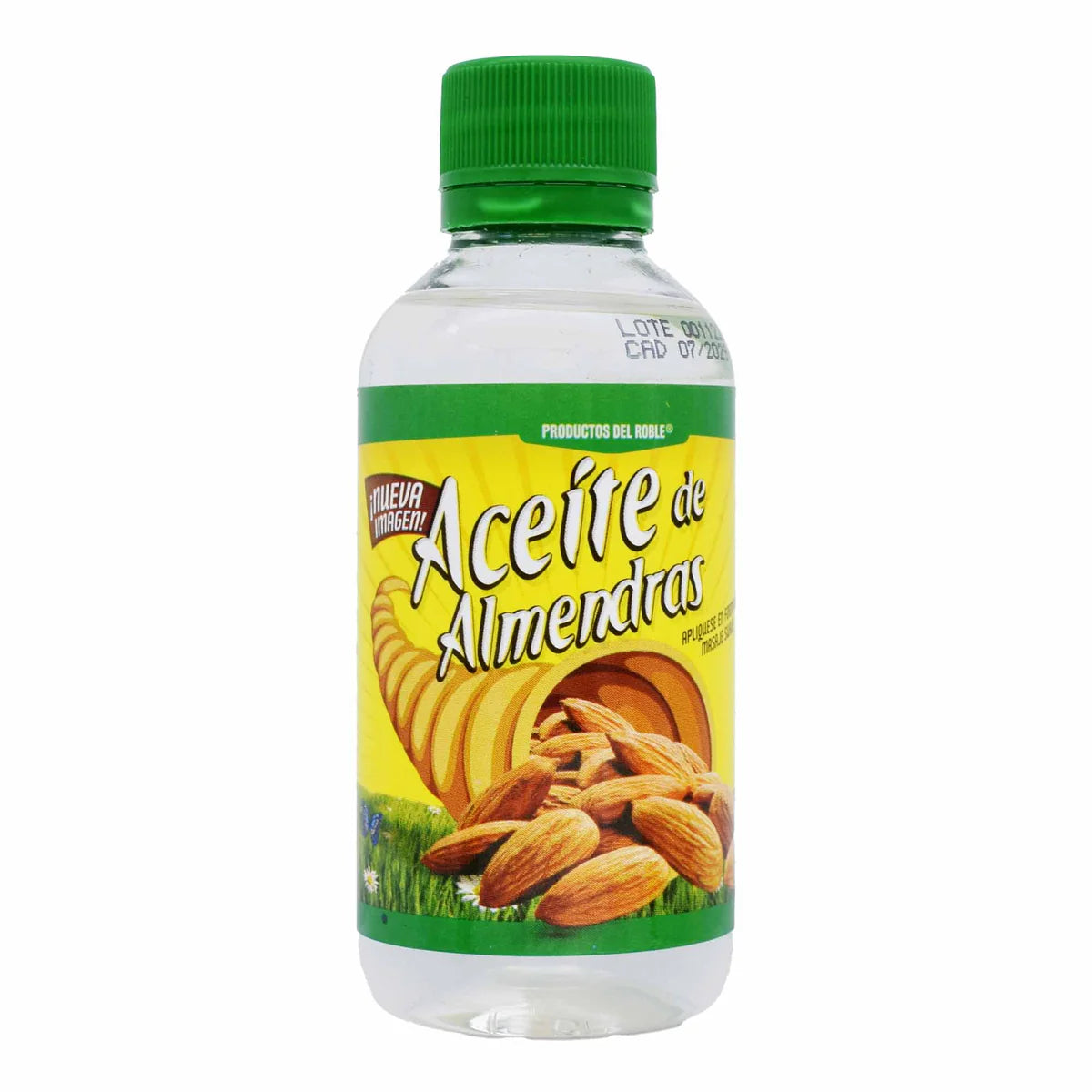 Aceite de almendras de la marca Productos del Roble. Este aceite está diseñado para uso tópico, reconocido por sus propiedades hidratantes y sus diversas aplicaciones en el cuidado personal de la piel.