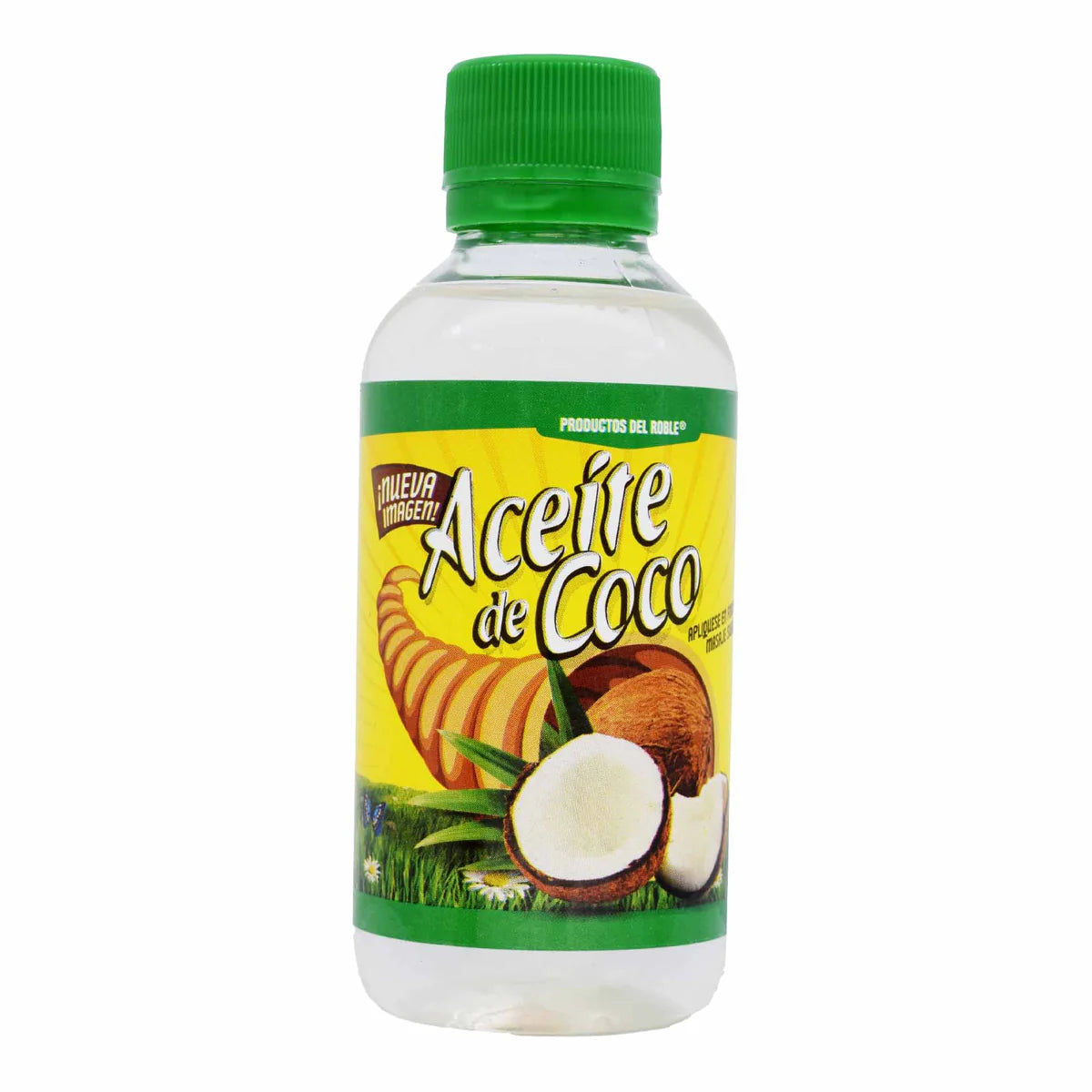 Aceite de coco de la marca Productos del Roble. Este producto es un aceite diseñado para uso tópico, reconocido por sus propiedades humectantes y sus diversos beneficios en el cuidado de la piel y el cabello.