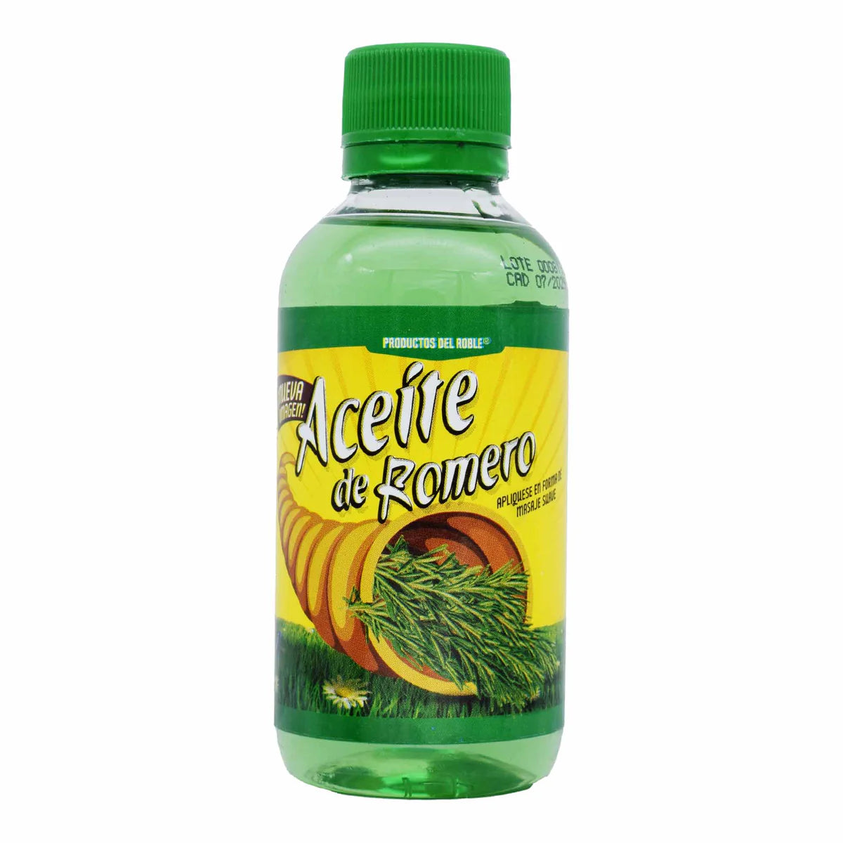 Aceite de romero de la marca Productos del Roble. Este aceite esencial está diseñado para uso tópico, siendo reconocido por sus beneficios en el cuidado del cabello y la piel.
