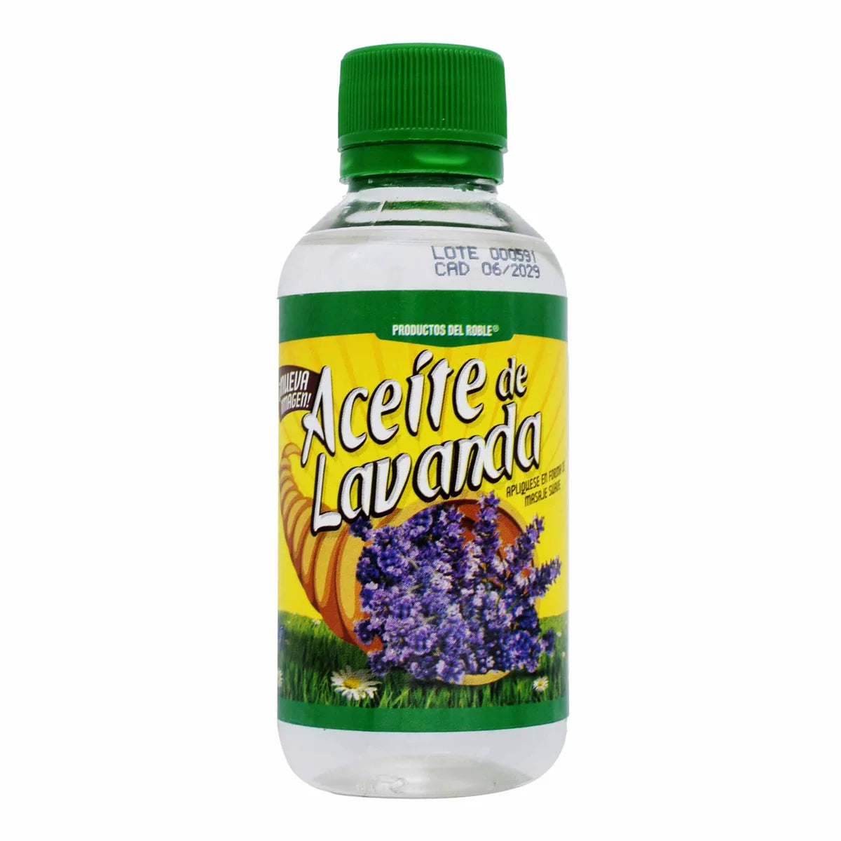 Aceite de lavanda de la marca Productos del Roble. Este producto es un aceite esencial diseñado para uso tópico, apreciado por sus propiedades relajantes y beneficios en el cuidado de la piel y el bienestar personal.
