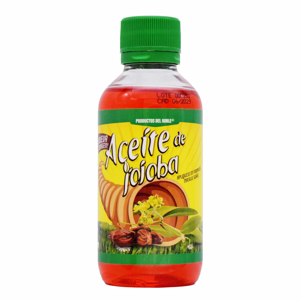 Aceite de jojoba de la marca Productos del Roble. Este producto es un aceite diseñado para uso tópico, reconocido por sus propiedades hidratantes y sus beneficios en el cuidado de la piel y el cabello.
