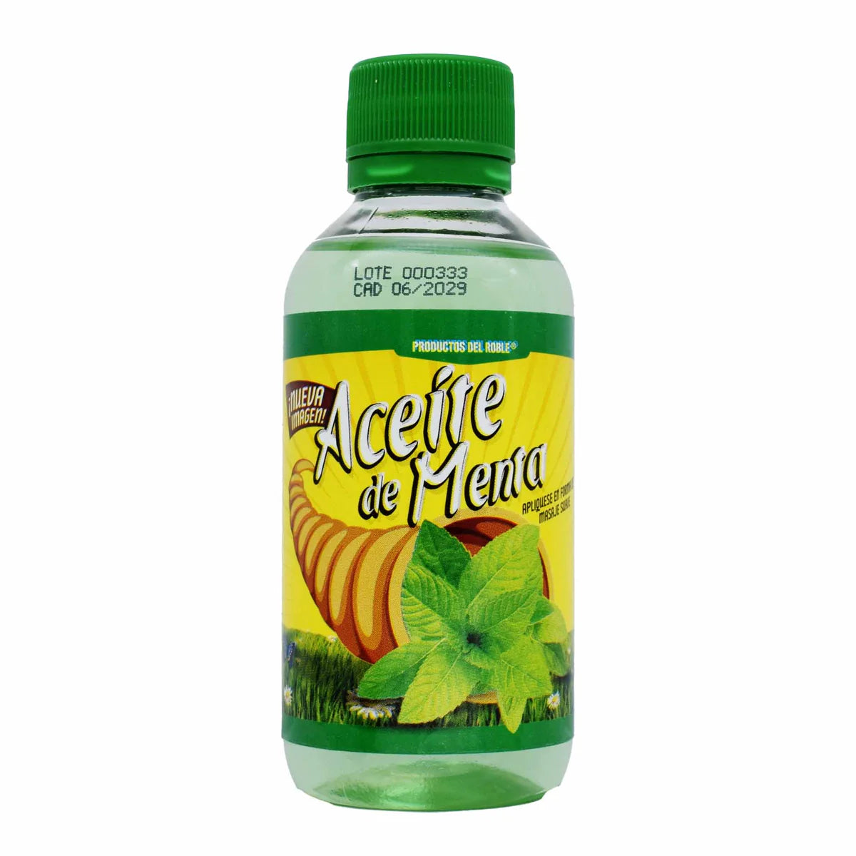 Aceite de menta de la marca Productos del Roble. Este producto es un aceite diseñado para uso tópico, reconocido por sus propiedades refrescantes y sus diversas aplicaciones en el cuidado personal y bienestar.