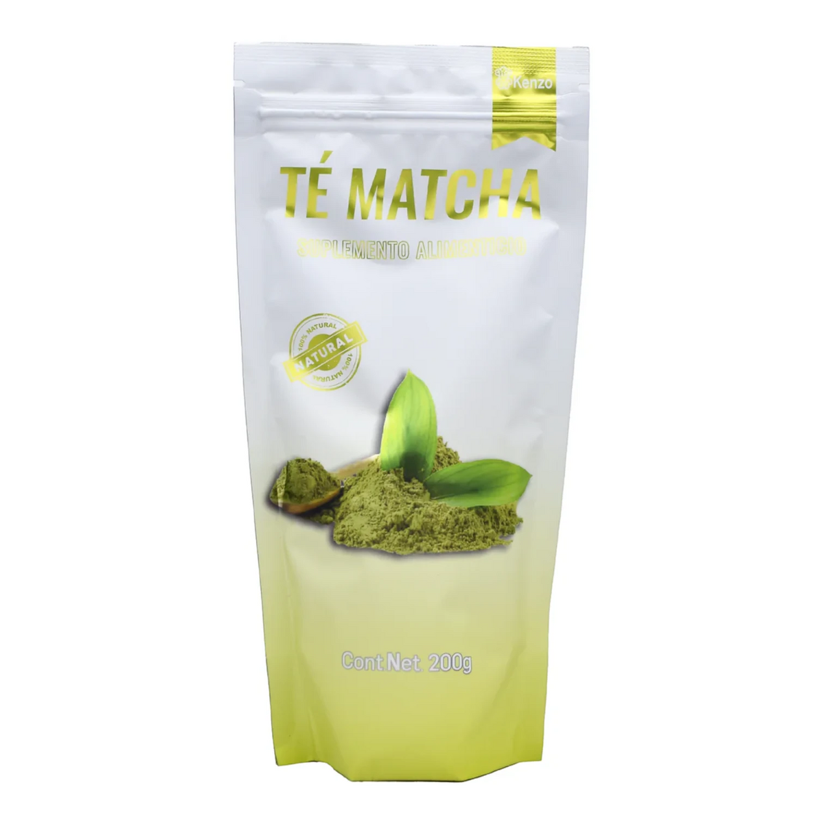 Suplemento alimenticio Té Matcha de la marca Kenzo, presentación en bolsa tipo "doypack" o empaque de pie de color blanco con un degradado amarillo suave en la base y detalles dorados en el sello superior; la parte frontal destaca el nombre del producto en letras doradas grandes sobre una ilustración de polvo de té matcha verde con hojas frescas a su alrededor, ideal para incorporar antioxidantes naturales a la rutina diaria y promover la vitalidad del organismo