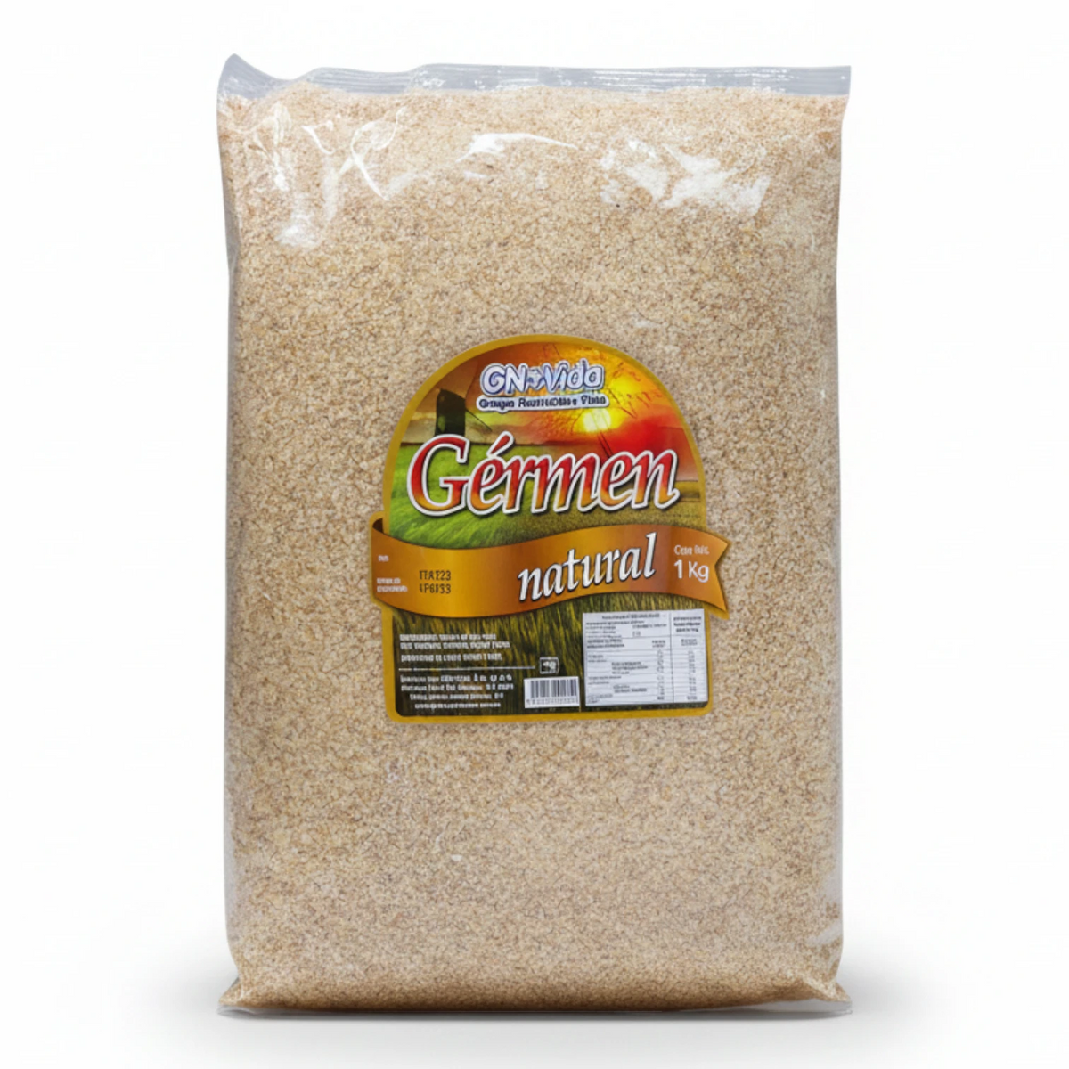 Germen de trigo natural de la marca GN+Vida, presentación en bolsa de plástico transparente sellada que exhibe el producto molido de tonalidad clara en su interior. La etiqueta frontal tiene un diseño semicircular con un fondo amarillo y naranja brillante que simula un amanecer sobre un campo de cultivo; destaca la palabra "Gérmen" en letras rojas grandes con relieve blanco y la leyenda "natural" en letras manuscritas blancas, ideal para enriquecer el valor calórico positivo de la dieta, aportar nutrientes 