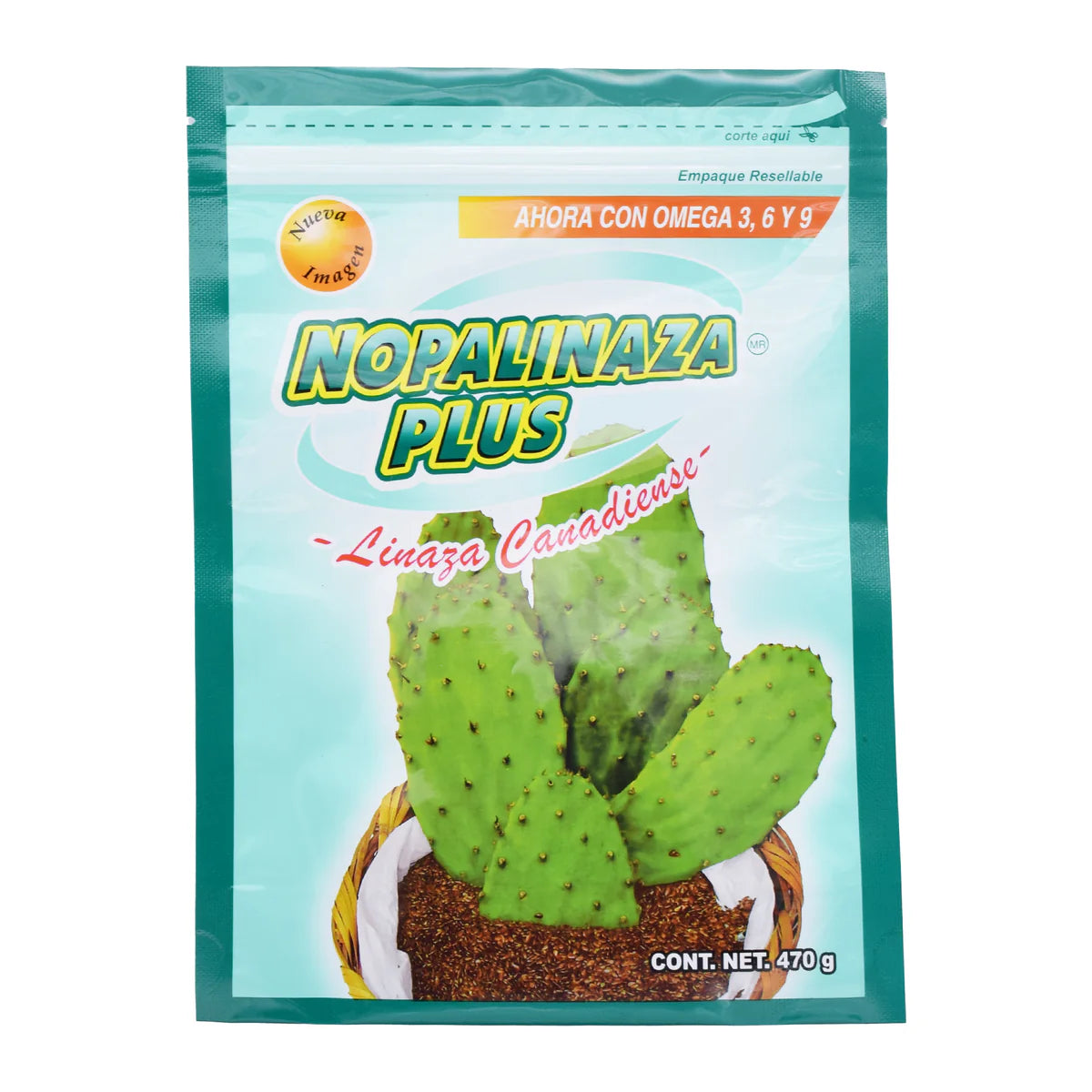 Nopalinaza Plus, un producto a base de linaza canadiense adicionado con Omega 3, 6 y 9. Presentación en bolsa con un contenido neto de 470 g. Es un suplemento diseñado para apoyar el bienestar digestivo y nutricional.