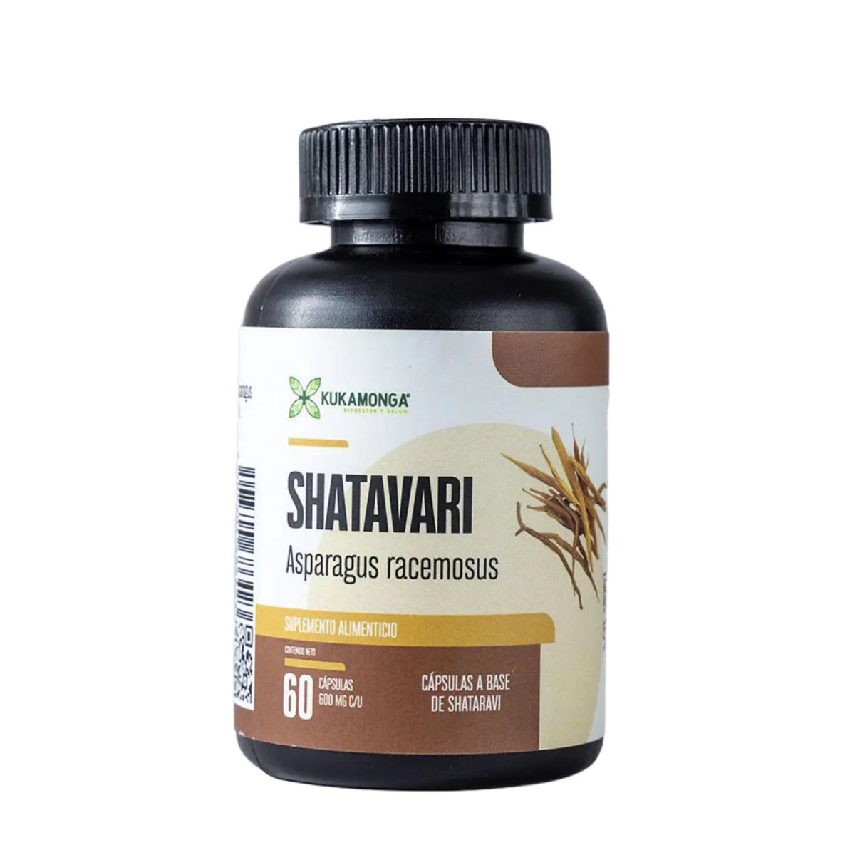 Suplemento alimenticio Shatavari (Asparagus racemosus) de la marca Kukamonga. Presentación en frasco con 60 cápsulas de 600 mg cada una. Ideal para complementar la nutrición diaria, brindando los beneficios tradicionales de esta planta reconocida por sus propiedades adaptógenas y de bienestar integral.