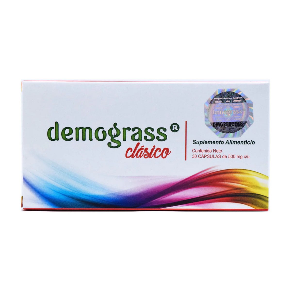 Suplemento alimenticio Demograss Clásico en presentación de caja con 30 cápsulas de 500 mg cada una, fórmula original diseñada como auxiliar en el control de peso