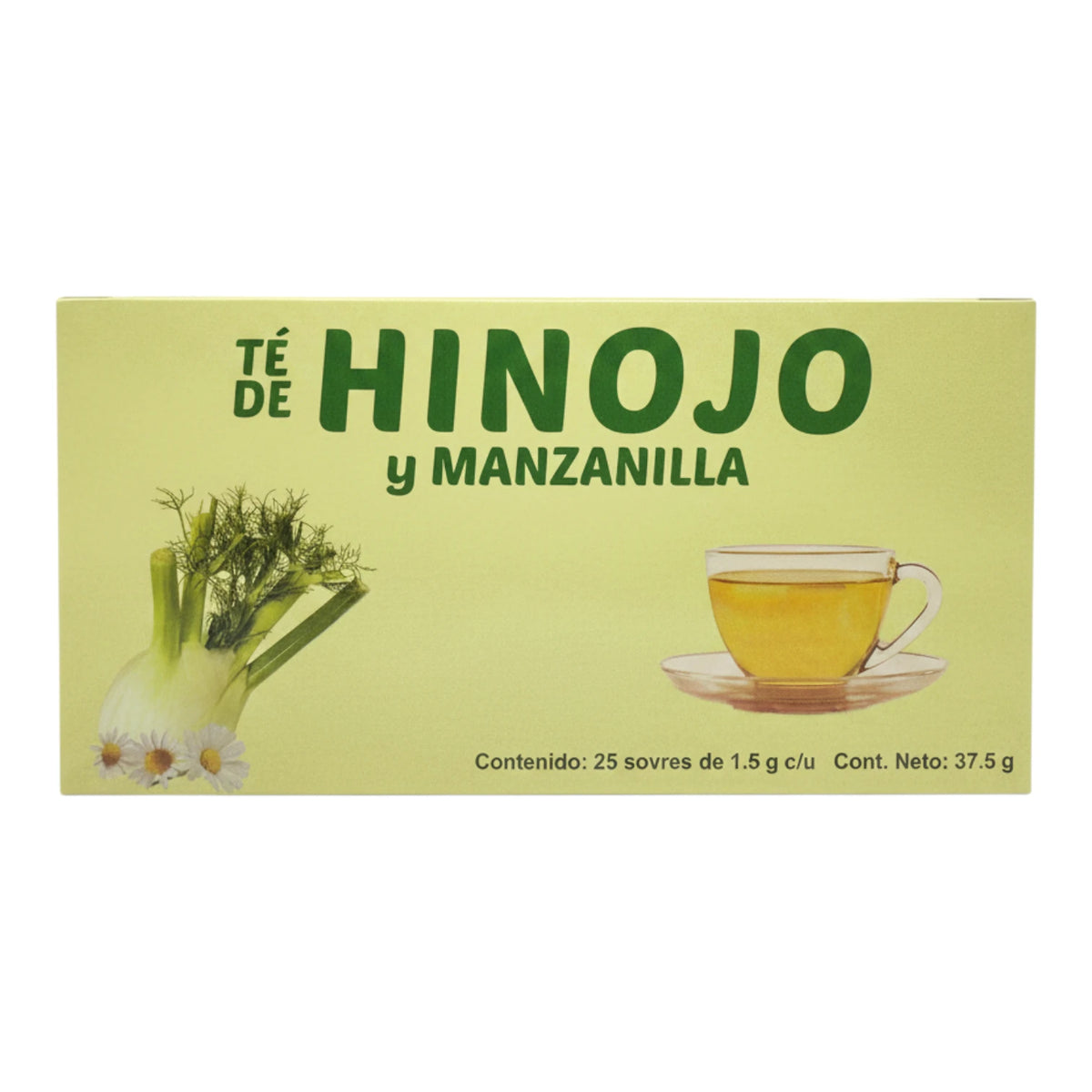 Caja verde claro de Té de Hinojo y Manzanilla Centro Botánico Azteca  con 25 sobres, ilustración de planta de hinojo y flores, sobre fondo blanco