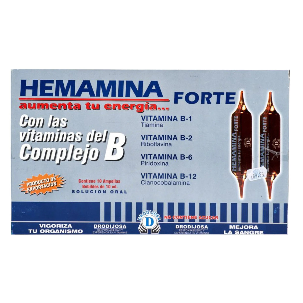 Suplemento alimenticio Hemamina Forte con las vitaminas del Complejo B, presentación en caja rectangular gris de diseño horizontal. La parte frontal destaca el nombre del producto "HEMAMINA FORTE" en letras grandes azules y negras, acompañado por la frase "aumenta tu energía..." en color rojo; detalla su contenido de vitaminas B-1, B-2, B-6 y B-12 en texto azul, e incluye una ventana transparente que exhibe dos de las ampollas de solución oral en su interior. Ideal para complementar la nutrición diaria