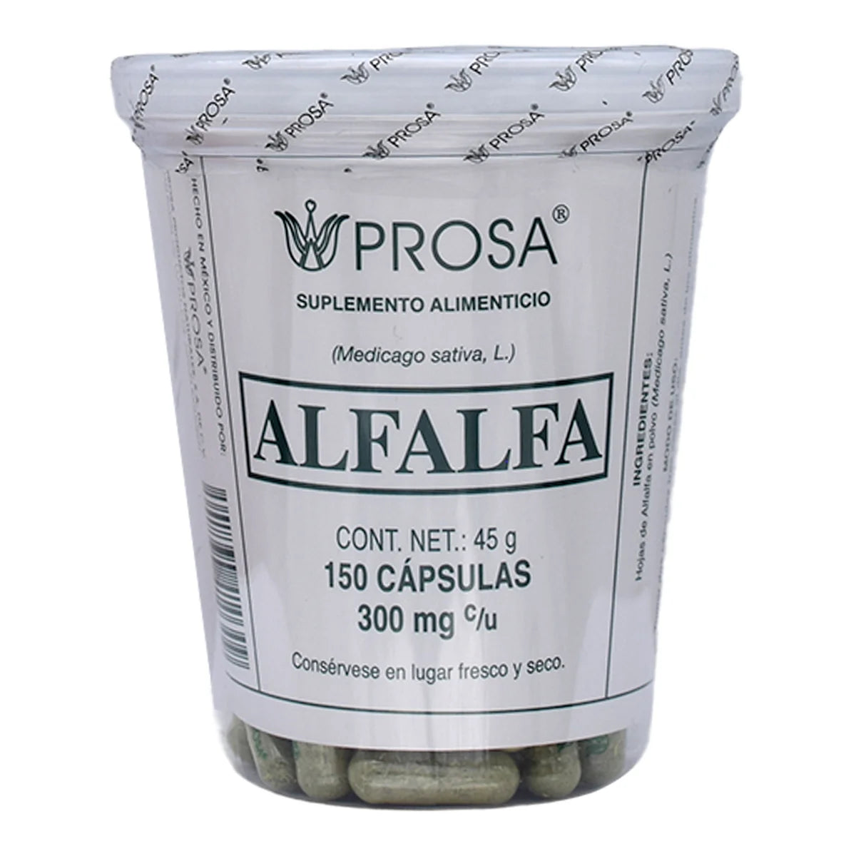 Suplemento alimenticio a base de Alfalfa (Medicago sativa, L.) de la marca Prosa. Presentación en frasco con 150 cápsulas de 300 mg cada una. Este producto es elaborado con hojas de alfalfa deshidratadas en polvo, diseñado para complementar la dieta diaria con las propiedades nutricionales de esta planta. Sugerencia de consumo: mantener en un lugar fresco y seco, y seguir las indicaciones del envase o consultar a un profesional de la salud.