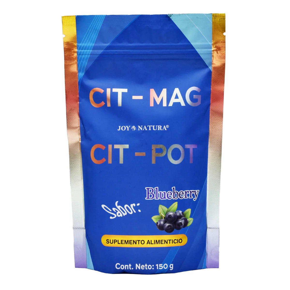Suplemento alimenticio CIT-MAG / CIT-POT de la marca Joy & Natura. Presentación en bolsa tipo doy-pack de 150 g con delicioso sabor a mora azul (Blueberry). Esta fórmula combina las bondades del citrato de magnesio y el citrato de potasio, diseñada para ofrecer una excelente biodisponibilidad y complementar tu nutrición diaria, apoyando tu bienestar integral.