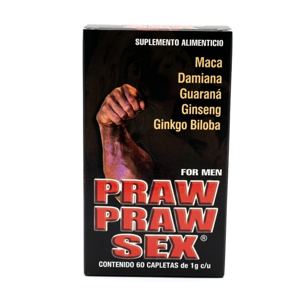 Suplemento alimenticio "Praw Praw Sex" de la marca Formula Inteligente. Presentación en caja con 60 capletas de 500 mg cada una (contenido neto total: 30 g). Fórmula herbal adicionada con Maca, Damiana, Guaraná, Ginseng y Ginkgo Biloba, diseñada para el soporte nutricional.