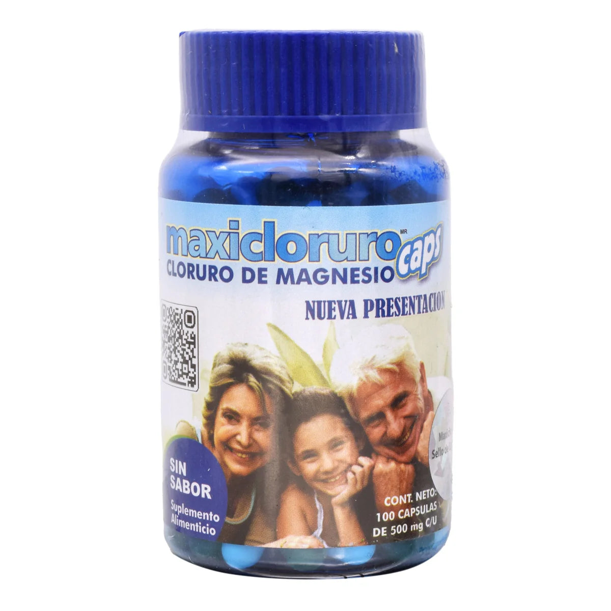Suplemento alimenticio Maxicloruro Caps (Cloruro de Magnesio), presentación en frasco cilíndrico de plástico azul translúcido con tapa de rosca azul rey estriada. La etiqueta frontal destaca por su fondo blanco con el nombre del producto en letras azules con contorno gris y la leyenda "Nueva Presentación"; en la parte inferior muestra una fotografía a color de una familia sonriente (un hombre, una mujer y una niña) junto a un sello circular que indica "Sin Sabor"