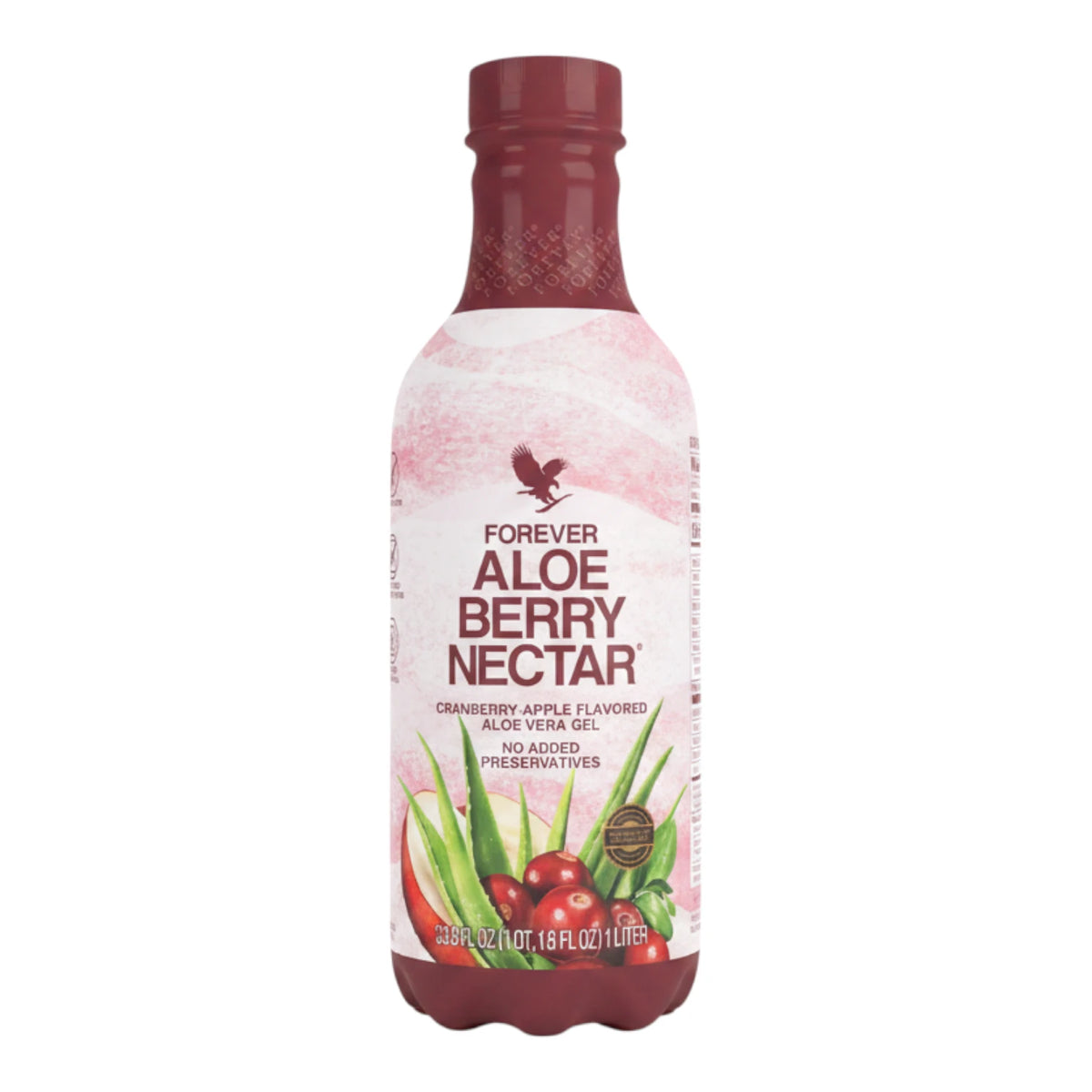 Frasco de Forever Aloe Berry Nectar, bebida de aloe vera con sabor a arándano y manzana, presentación de 1 litro.