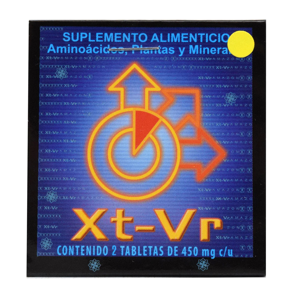 Suplemento alimenticio Xt-Vr, presentación en caja con 2 tabletas de 450 mg cada una. Fórmula compuesta por una mezcla especializada de aminoácidos, extractos de plantas y minerales, diseñada para complementar la nutrición diaria y brindar soporte integral al bienestar.