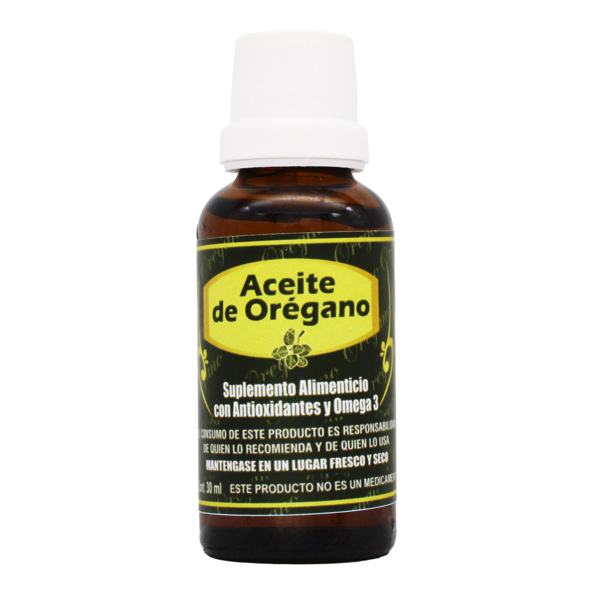 Suplemento alimenticio Aceite de Orégano en presentación de frasco de 50 ml con gotero; fórmula original adicionada con Antioxidantes y Omega 3 diseñada para el soporte nutricional diario