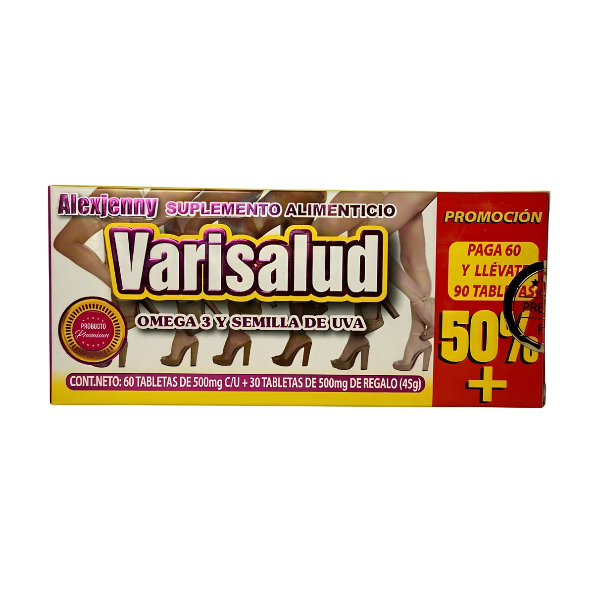 Suplemento alimenticio Varisalud, presentación en caja rectangular con promoción especial: 60 tabletas más 30 tabletas de regalo (90 tabletas en total de 500 mg c/u). Formulado con Omega 3 y Semilla de Uva, ideal para complementar la nutrición diaria y favorecer la salud circulatoria.