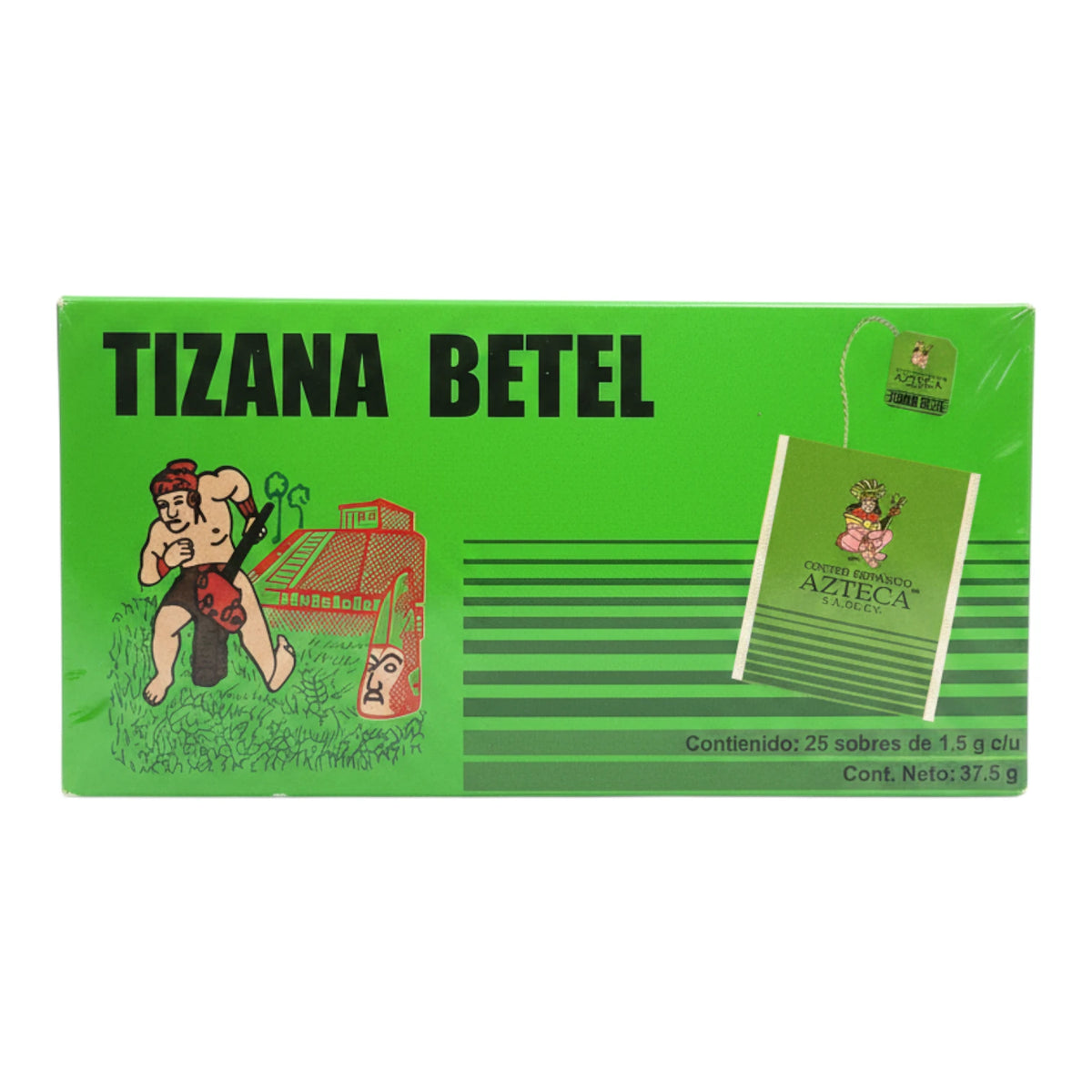 Caja verde de Tizana Betel Centro Botánico Azteca con 25 sobres, ilustración estilo prehispánico, sobre fondo blanco
