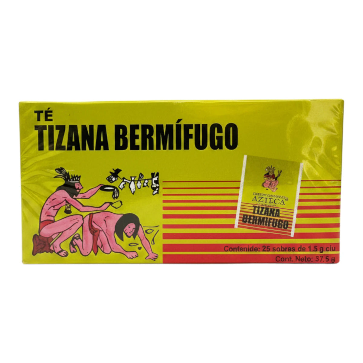 Caja amarilla de Tizana Bermífugo Centro Botánico Azteca con 25 sobres, ilustración estilo prehispánico, sobre fondo blanco