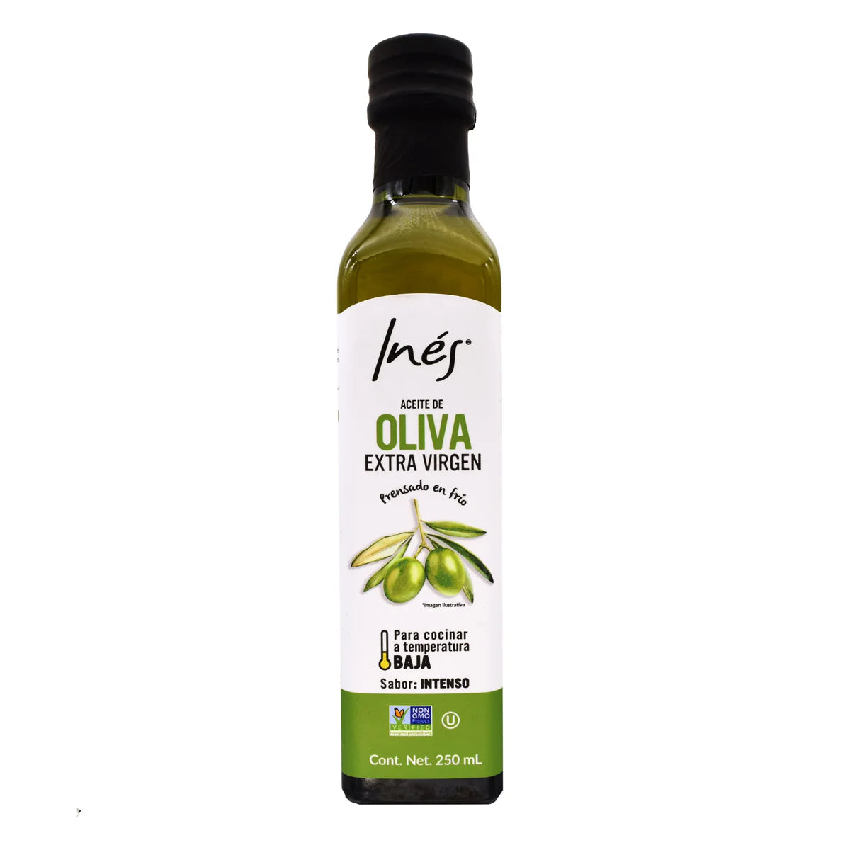 Aceite de oliva 100% puro y extra virgen de la marca Inés. Presentación en botella de vidrio de 250 ml. Producto prensado en frío, ideal para complementar la alimentación diaria, cocinar a temperatura baja o utilizar en aderezos gracias a su sabor intenso y propiedades nutritivas.
