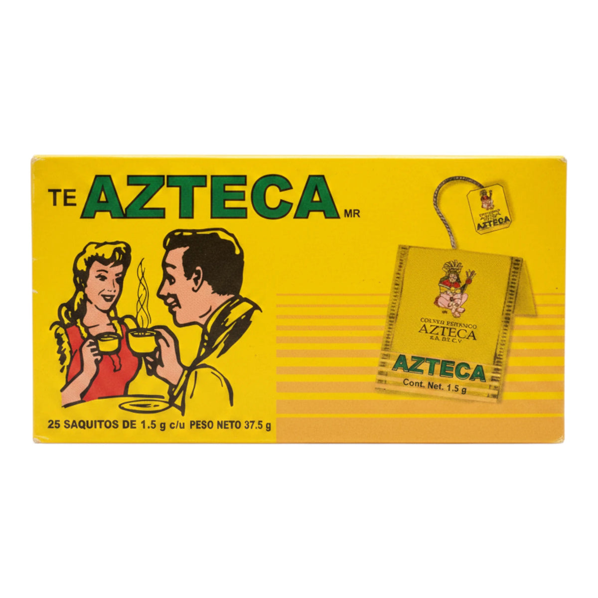 Caja amarilla de Té Azteca con 25 saquitos, ilustración de pareja disfrutando té, sobre fondo blanco