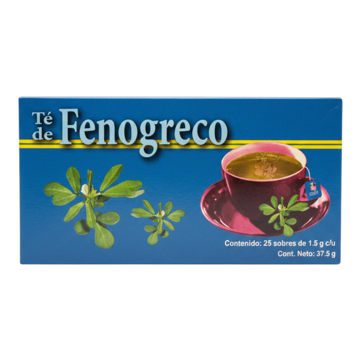 Caja azul de Té de Fenogreco con 25 sobres azteca, ilustración de planta y taza, sobre fondo blanco