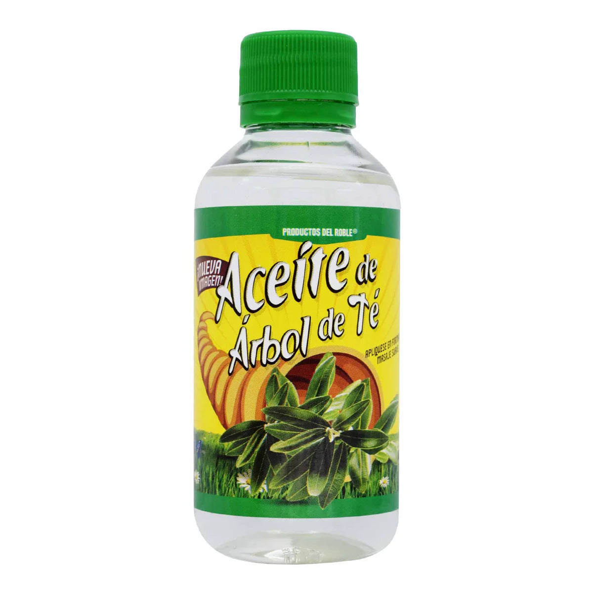 Aceite de árbol de té de la marca Productos del Roble. Este producto es un aceite esencial reconocido por sus diversas aplicaciones en el cuidado personal y bienestar, diseñado para uso tópico.