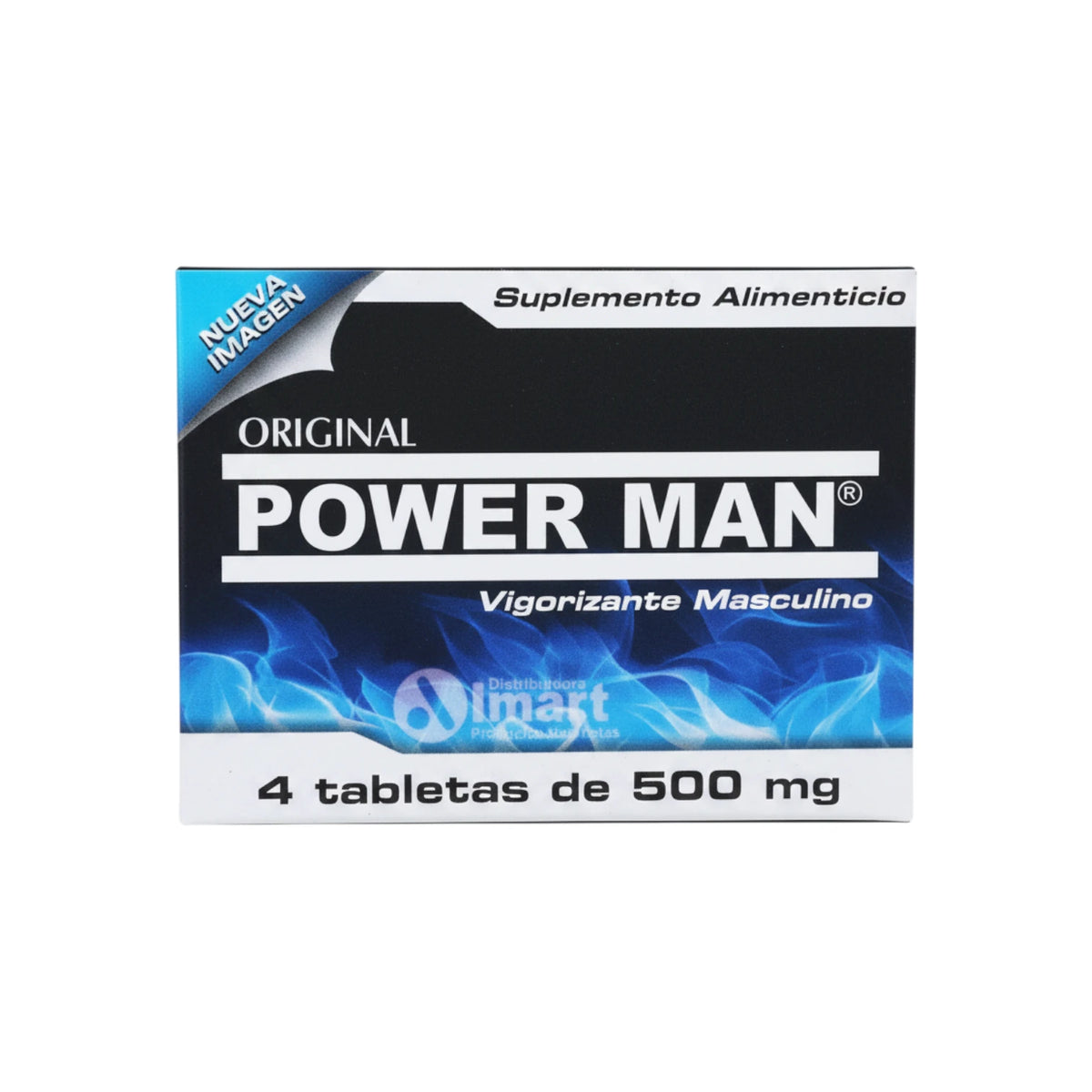 Suplemento Alimenticio Original Power Man, presentación en caja rectangular con un diseño moderno que combina una mitad superior negra y una mitad inferior con ráfagas de fuego o energía en color azul brillante. Destaca el nombre en letras blancas grandes sobre una franja oscura y la leyenda "Vigorizante Masculino", ideal como alternativa nutricional para el rendimiento y la vitalidad del hombre