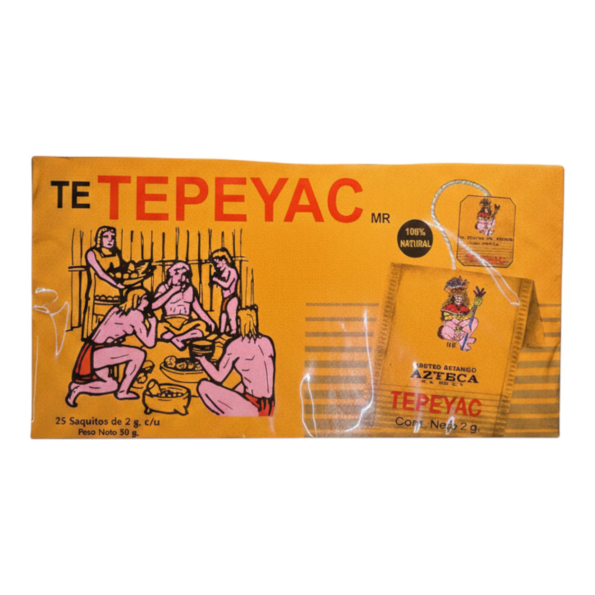Caja naranja de Té Tepeyac con 25 saquitos Centro Botánico Azteca, ilustración de escena tradicional mexicana, sobre fondo blanco