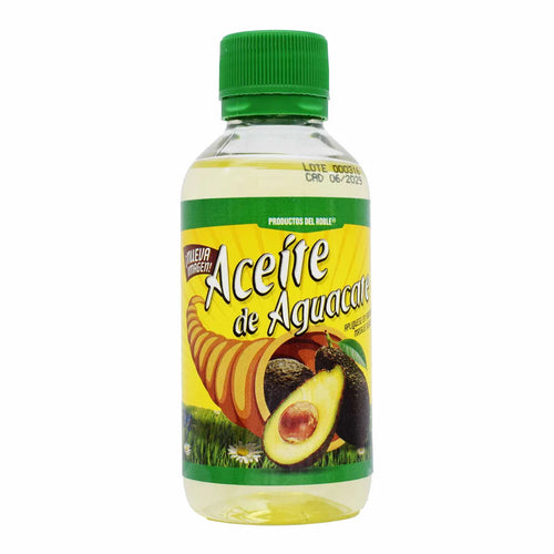 Aceite de aguacate de la marca Productos del Roble. Este producto es un aceite diseñado para uso tópico, reconocido por sus propiedades hidratantes y sus beneficios en el cuidado de la piel y el cabello.