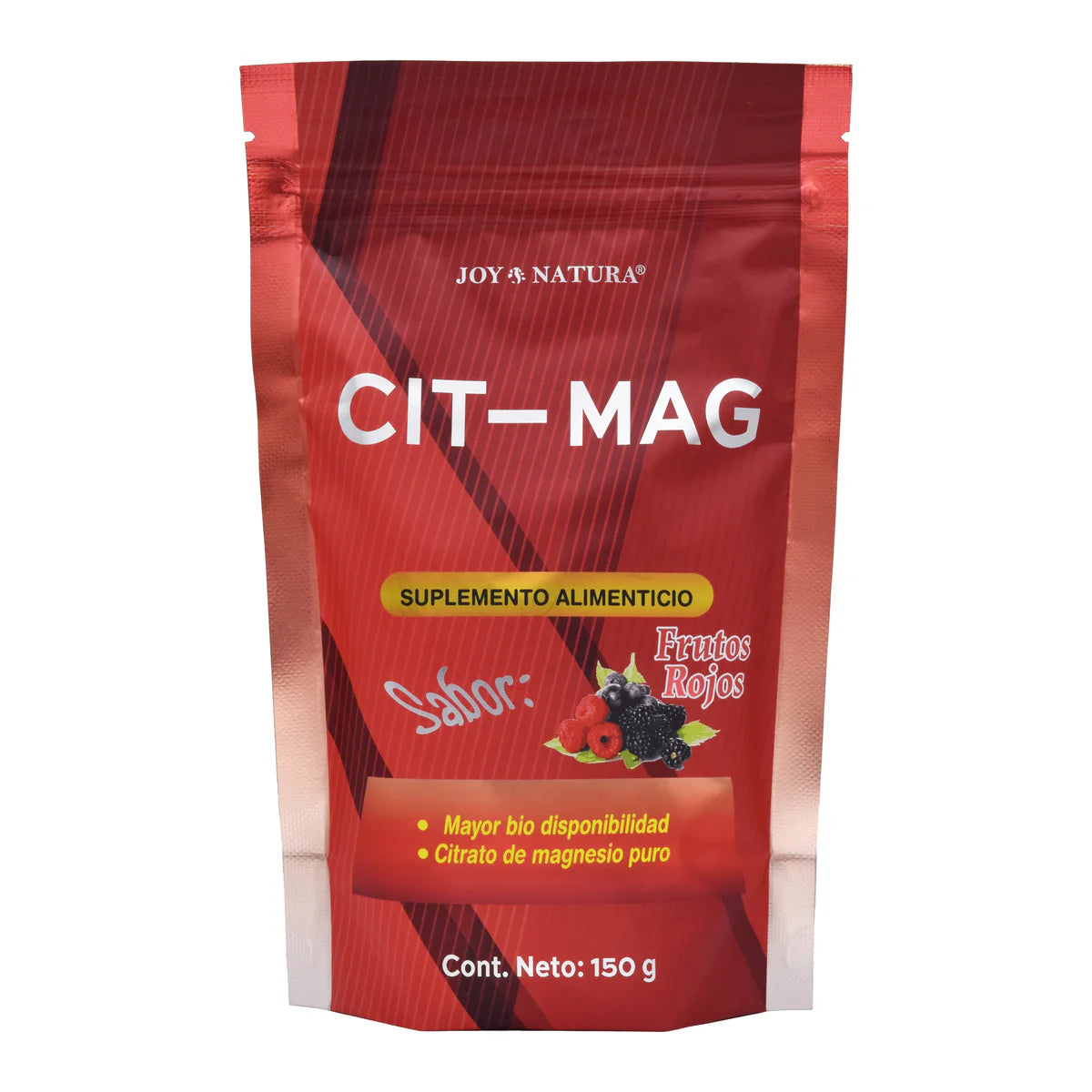 Suplemento alimenticio CIT-MAG de la marca Joy & Natura. Presentación en bolsa tipo doy-pack de 150 g con sabor a Frutos Rojos. Formulado a base de citrato de magnesio, diseñado para ofrecer una mayor biodisponibilidad y complementar la nutrición diaria, apoyando el bienestar integral.
