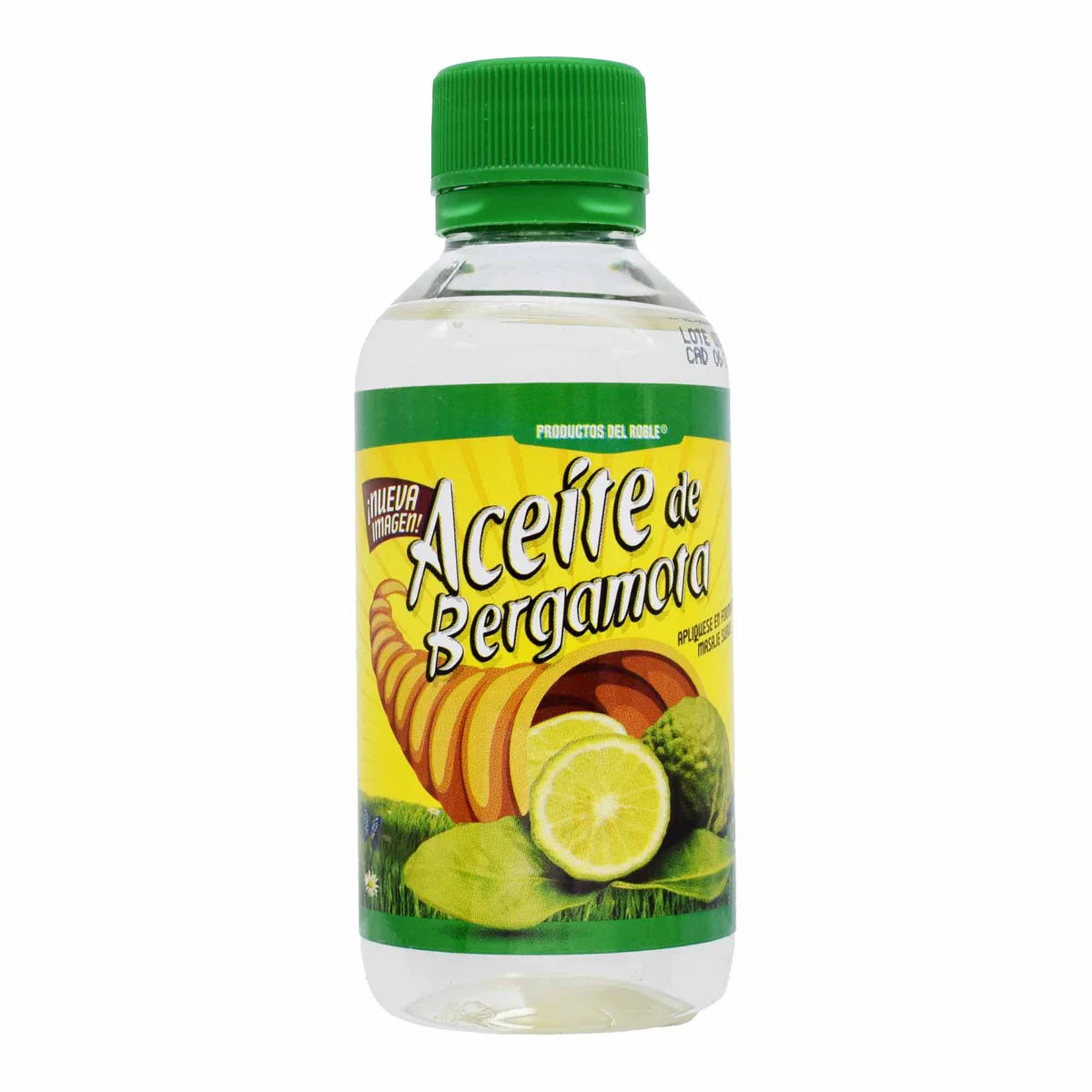 Aceite de bergamota de la marca Productos del Roble. Este producto es un aceite diseñado para uso tópico, reconocido por sus propiedades aromáticas y sus diversos usos en el cuidado personal y bienestar.