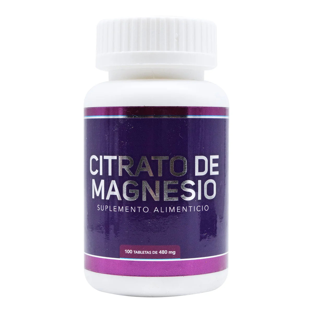 Suplemento alimenticio Citrato de Magnesio en presentación de frasco con 100 tabletas de 480 mg cada una; diseñado para el soporte nutricional y bienestar diario