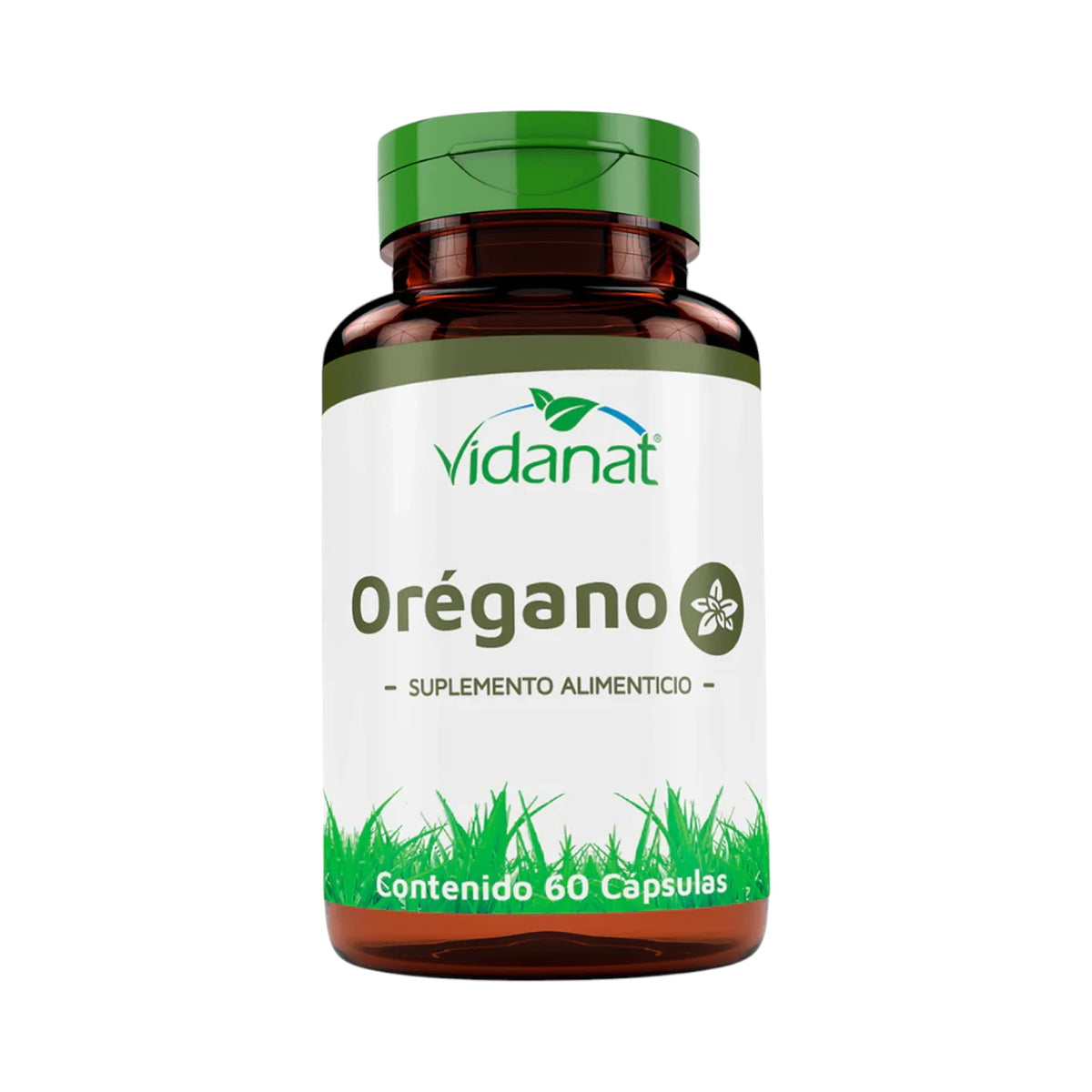 Frasco ámbar de 60 cápsulas de Orégano Vidanat con tapa verde y etiqueta verde oliva, sobre fondo blanco