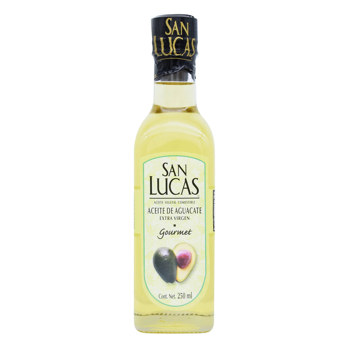 Aceite de aguacate 100% puro y extra virgen de la marca San Lucas. Presentación en botella de vidrio de 250 ml. Producto gourmet obtenido mediante prensado en frío, ideal para complementar la alimentación saludable, cocinar a altas temperaturas, hornear o utilizar en aderezos gracias a su versatilidad y propiedades nutricionales.