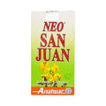 Suplemento alimenticio Neo San Juan de la marca Anahuac, presentación en caja vertical con un diseño degradado en tonos verdes y blanco; la parte central destaca la ilustración de ramilletes de flores amarillas (hierba de San Juan) con hojas verdes. En la base, sobre una franja naranja vibrante, se observa el logotipo de la marca Anahuac junto a un sello tradicional circular, diseñado para el soporte de ansiedad, depresión, con un contenido de 100 capletas de 650 mg cada una (65g)