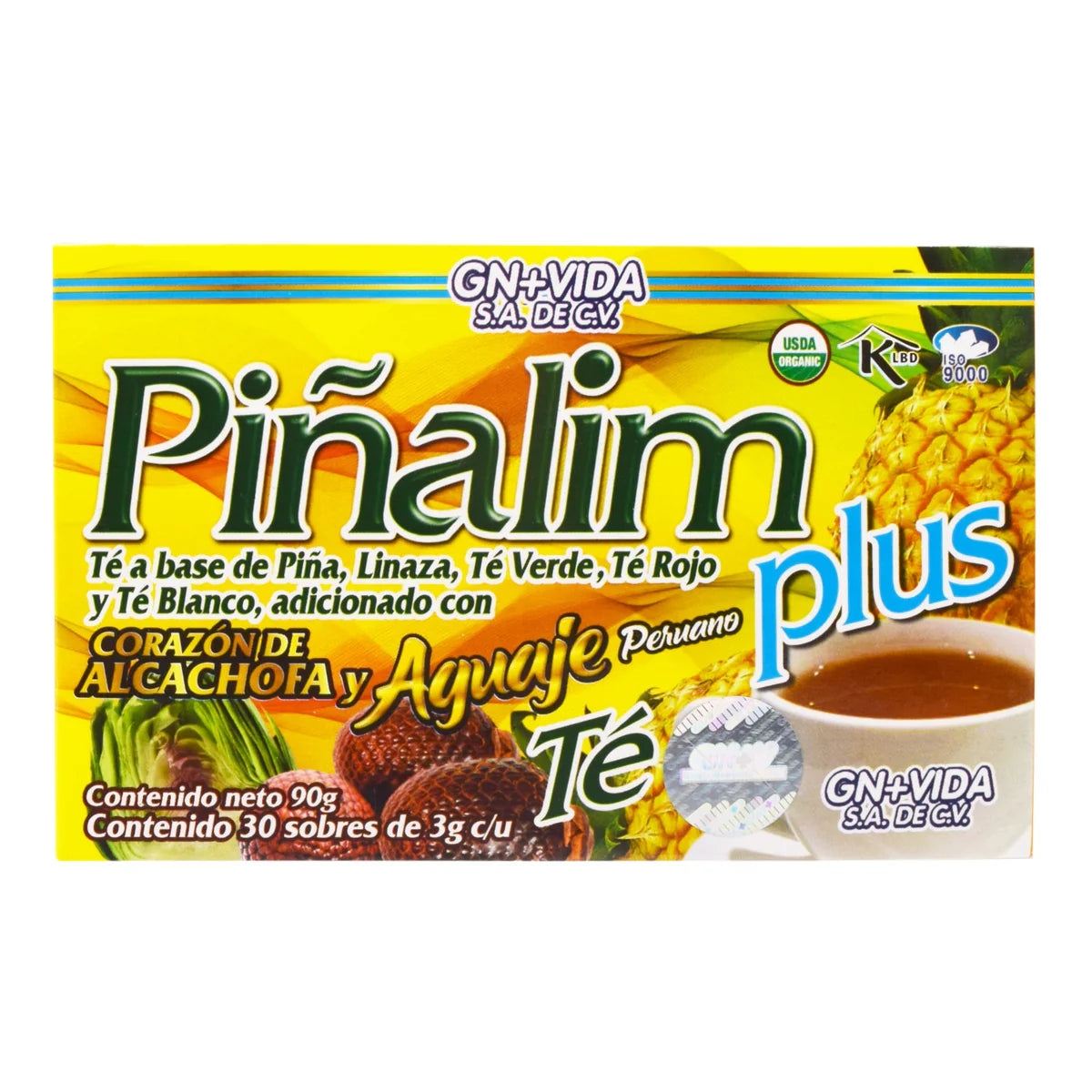Té Piñalim Plus de la marca GN+Vida. Este producto es una mezcla herbal a base de piña, linaza, té verde, té rojo y té blanco, adicionado con corazón de alcachofa y aguaje peruano. El empaque contiene 30 sobres de 3 g cada uno y está diseñado para el soporte nutricional y bienestar digestivo.