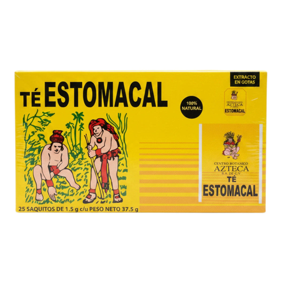 Caja amarilla de Té Estomacal Centro Botánico Azteca con 25 saquitos, ilustración estilo prehispánico, sobre fondo blanco