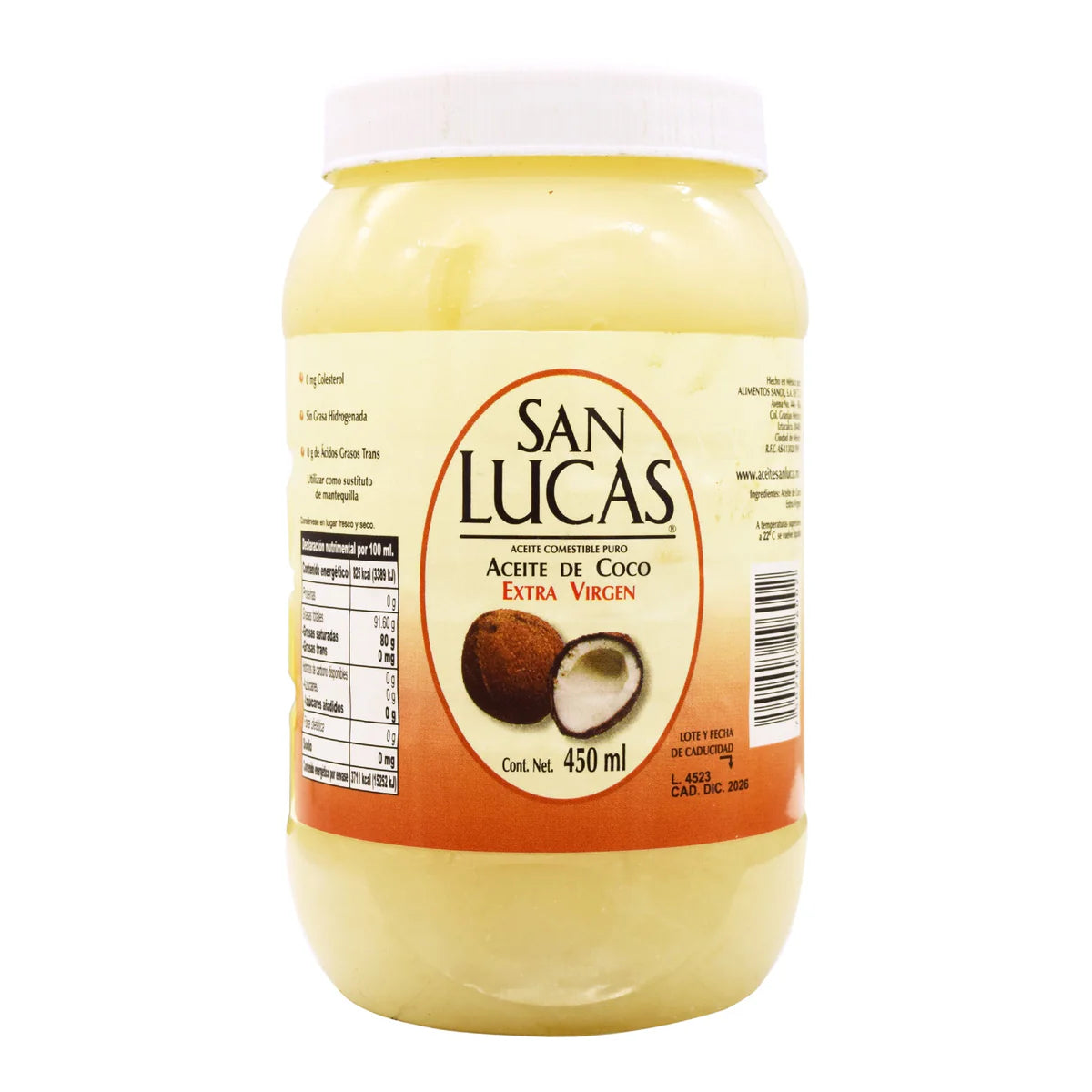 Aceite de coco 100% puro y extra virgen de la marca San Lucas. Presentación en frasco de vidrio de 450 ml. Producto natural ideal para complementar la alimentación diaria, cocinar, hornear o utilizar en rutinas de cuidado personal gracias a sus propiedades nutritivas.