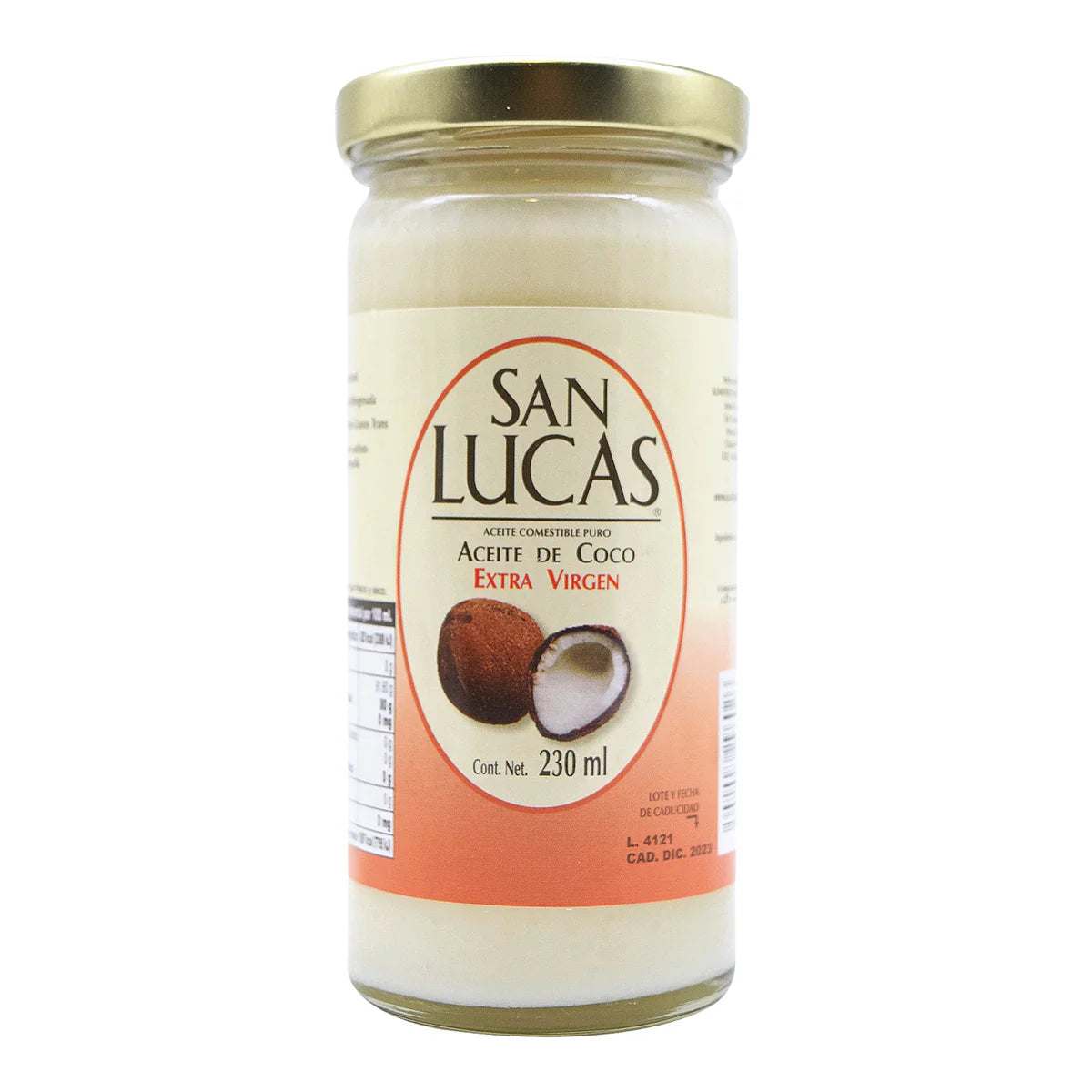 Aceite de coco 100% puro y extra virgen de la marca San Lucas. Presentación en frasco de vidrio de 230 ml. Producto natural ideal para complementar la alimentación diaria, cocinar, hornear o utilizar en rutinas de cuidado personal gracias a sus propiedades nutritivas.