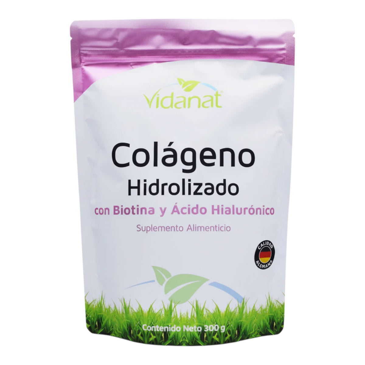 Bolsa doypack de 300 g de Colágeno Hidrolizado con Biotina y Ácido Hialurónico Vidanat, tapa morada, sobre fondo blanco